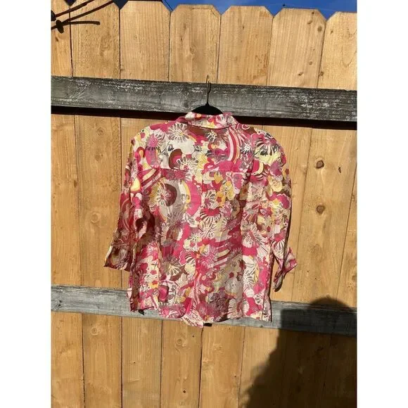 Notations Women's Pink Floral Half Sleeve Semi Sheer Button Shirt Top Size L - Picture 7 of 9